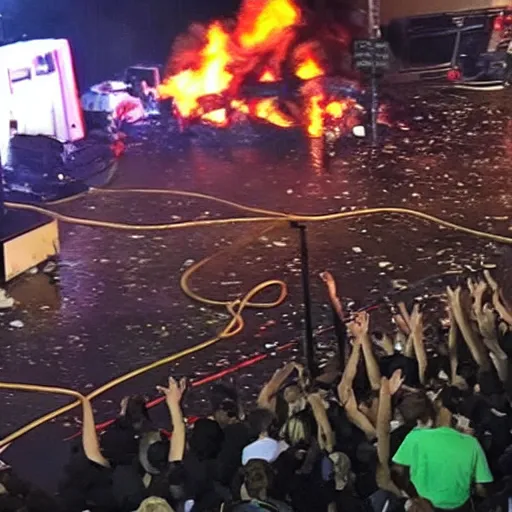 Image similar to Large dumpster fire on stage, crowd cheering