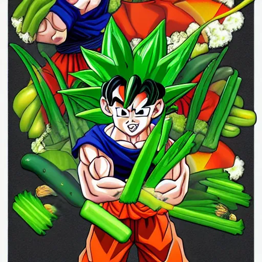 Image similar to goku and vegetables, fused, Trending on Artstation, Hiroaki Tsutsumi style