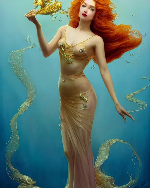 Image similar to a beautiful goldfish woman, pinup pose, long hair, tall and thin, wearing dozens of pendants and a gown of gold, small delicate crown of the sea on her head, illustration, symmetry accurate features, volumetric light clouds, ultra realist soft painting, (art nouveau), octane render, 8k, HD, by Tom Bagshaw, Brom, Charlie Bowater, faces by otto schmidt