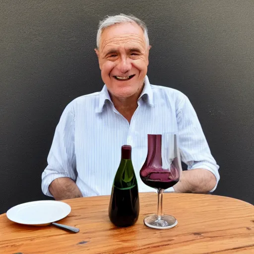 Image similar to photograph of a frenchman seated at a table with a bottle of wine and a cheese in 2 0 2 0. in color, 5 0 mm