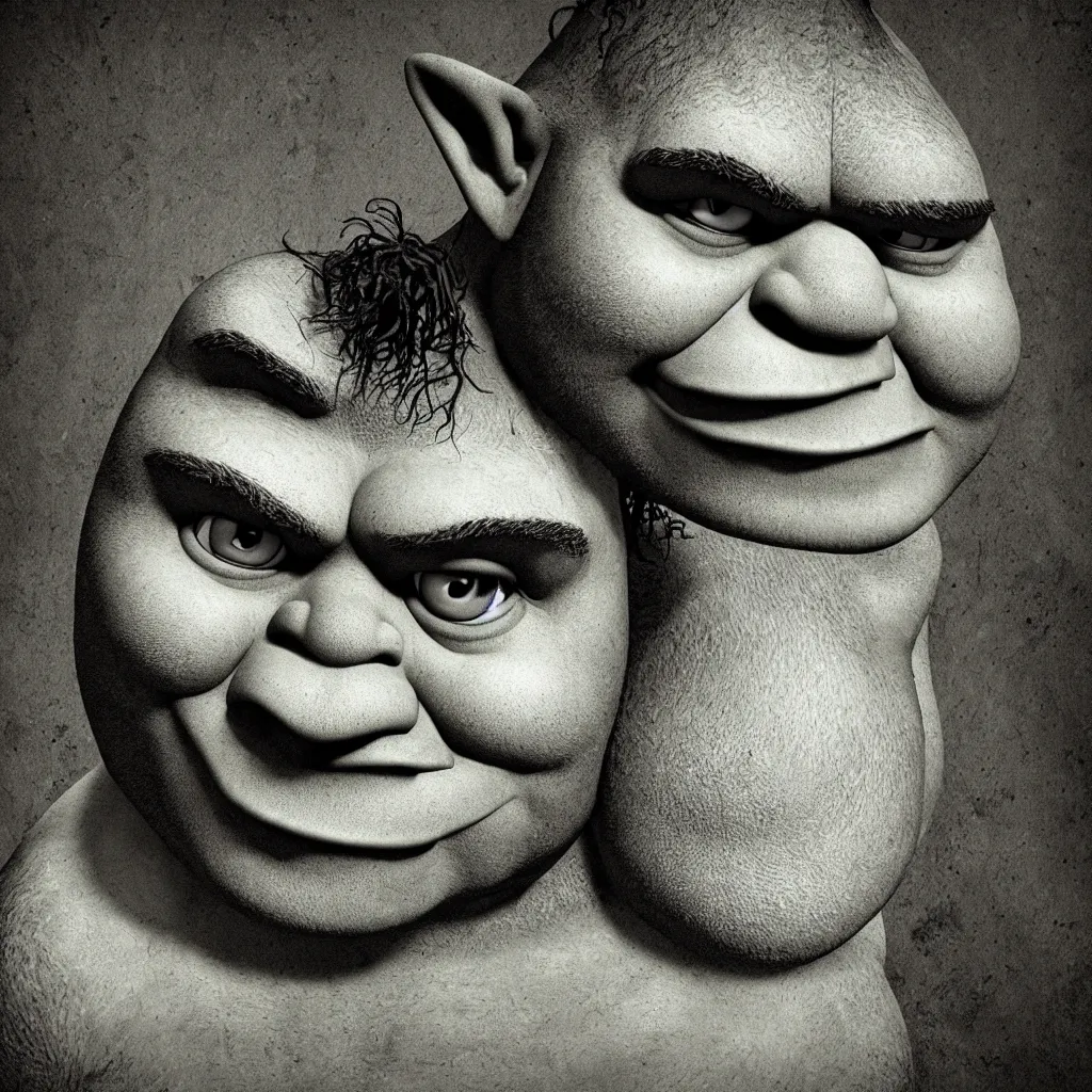 Image similar to portrait of shrek sad, melancholic, depressing, pain, hurt, emotional