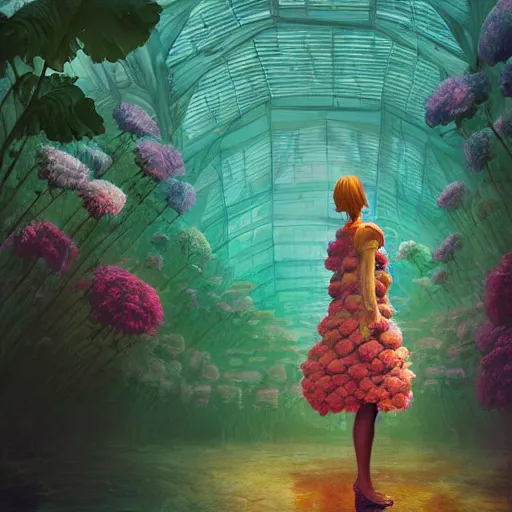 Prompt: giant carnation flower head, woman standing in the glass palace, surreal photography, dramatic light, impressionist painting, digital painting, artstation, simon stalenhag