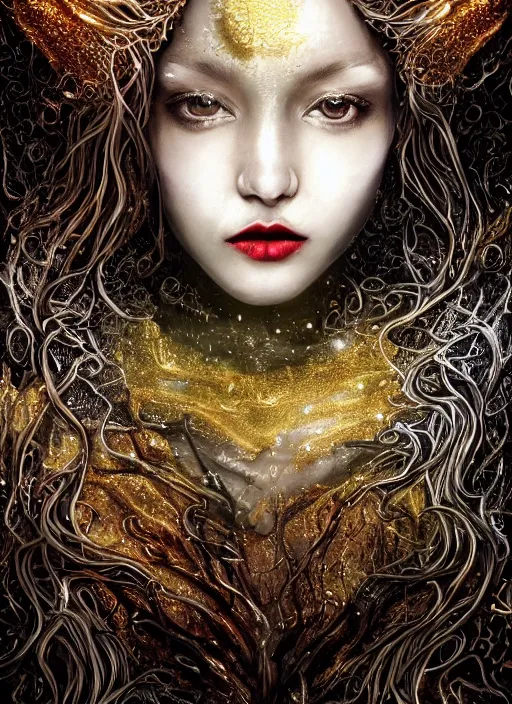 Image similar to glowing silver and golden elements, full close-up portrait, young female model from deviantart as a dark witch, book cover, green forest, white moon, red lips, establishing shot, extremly high detail, photo-realistic, cinematic lighting, pen and ink, intricate line drawings, by Yoshitaka Amano, Ruan Jia, Kentaro Miura, Artgerm, post processed, concept art, artstation, matte painting, style by eddie, raphael lacoste, alex ross