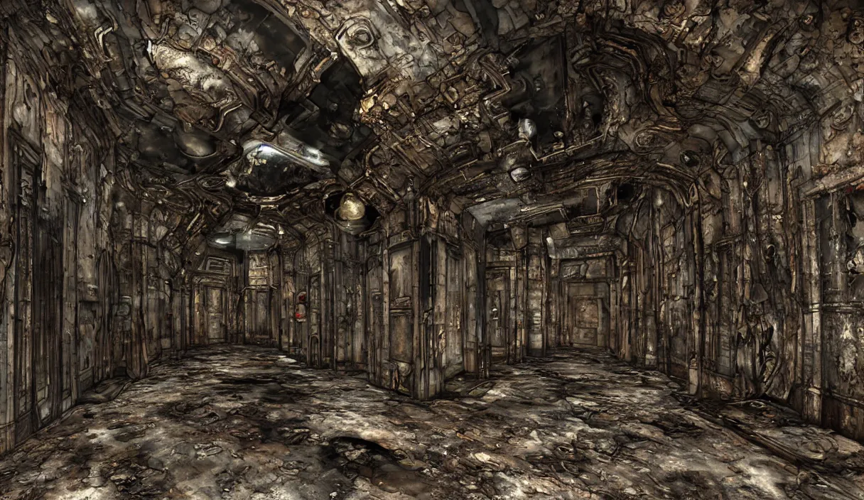 Image similar to disfigured necromorph being crawling in the spacecraft hallway, rusty and dirty interiors, highly realistic and intricate, ominous, dark surroundings