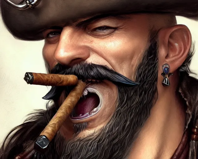 Image similar to close up of a pirate face, beard, cigar, smirk, black hair, face tattoo, deep focus, d & d, fantasy, intricate, elegant, highly detailed, digital painting, artstation, concept art, matte, sharp focus, illustration, hearthstone, art by artgerm and greg rutkowski and alphonse mucha