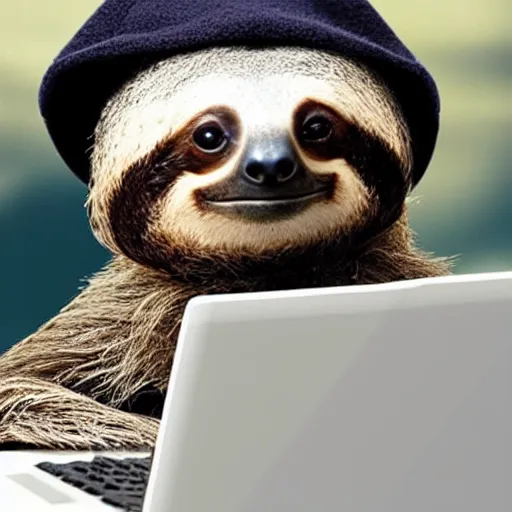 Prompt: photo of a cute sloth typing on a computer ando wearing a wool hat