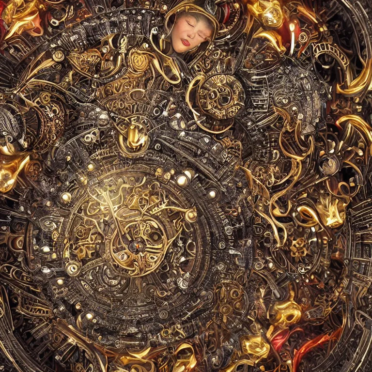 Prompt: octane render portrait by wayne barlow and carlo crivelli and glenn fabry, a high - end chrome clockwork automaton with intricate gold and silver detailing in the style of henna face tattoos, inside a wide mandala pattern made out of colorful flames, volumetric lighting and light rays, cinema 4 d, ray traced lighting, very short depth of field, bokeh