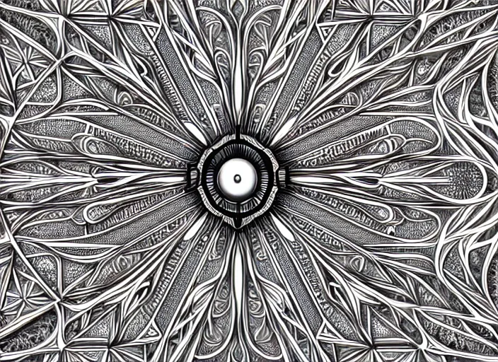 Image similar to symmetry! science university, intricate filigree, elegant, highly detailed, concept art, smooth, sharp focus, lineart, illustration, 3 d occlusion, thinline with black on white on gray, 8 k