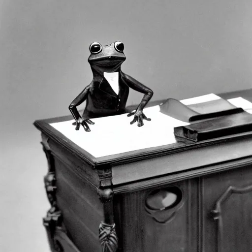 Image similar to 2 0 megapixels, aristocratic, vintage photo of an anthropomorphic perfect frog wearing a perfect suit sitting behind a perfect victorian desk, 1 9 4 0, professional photography, ultra detailed, beautiful, precise, close up