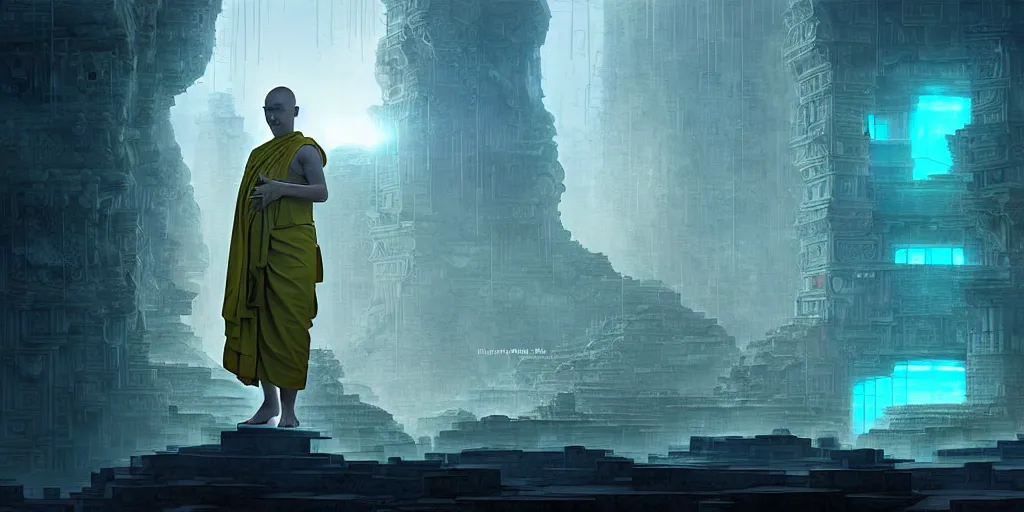 Image similar to buddhist monk in the Lost city of Atlantis, morning, un rising through eimagined as a cyberpunk dystopia, Hghly detailed digital art