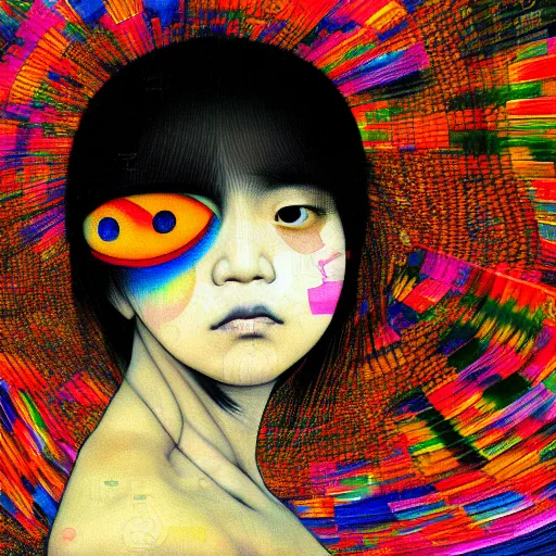 Image similar to yoshitaka amano blurred and dreamy realistic three quarter angle portrait of a mexican woman with short hair and black eyes wearing mariachi suit, junji ito abstract patterns in the background, satoshi kon anime, noisy film grain effect, highly detailed, renaissance oil painting, weird portrait angle, blurred lost edges