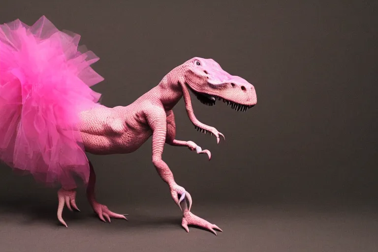 Image similar to dinosaur in a pink tutu, studio lighting, highly detailed, striking, inspiring