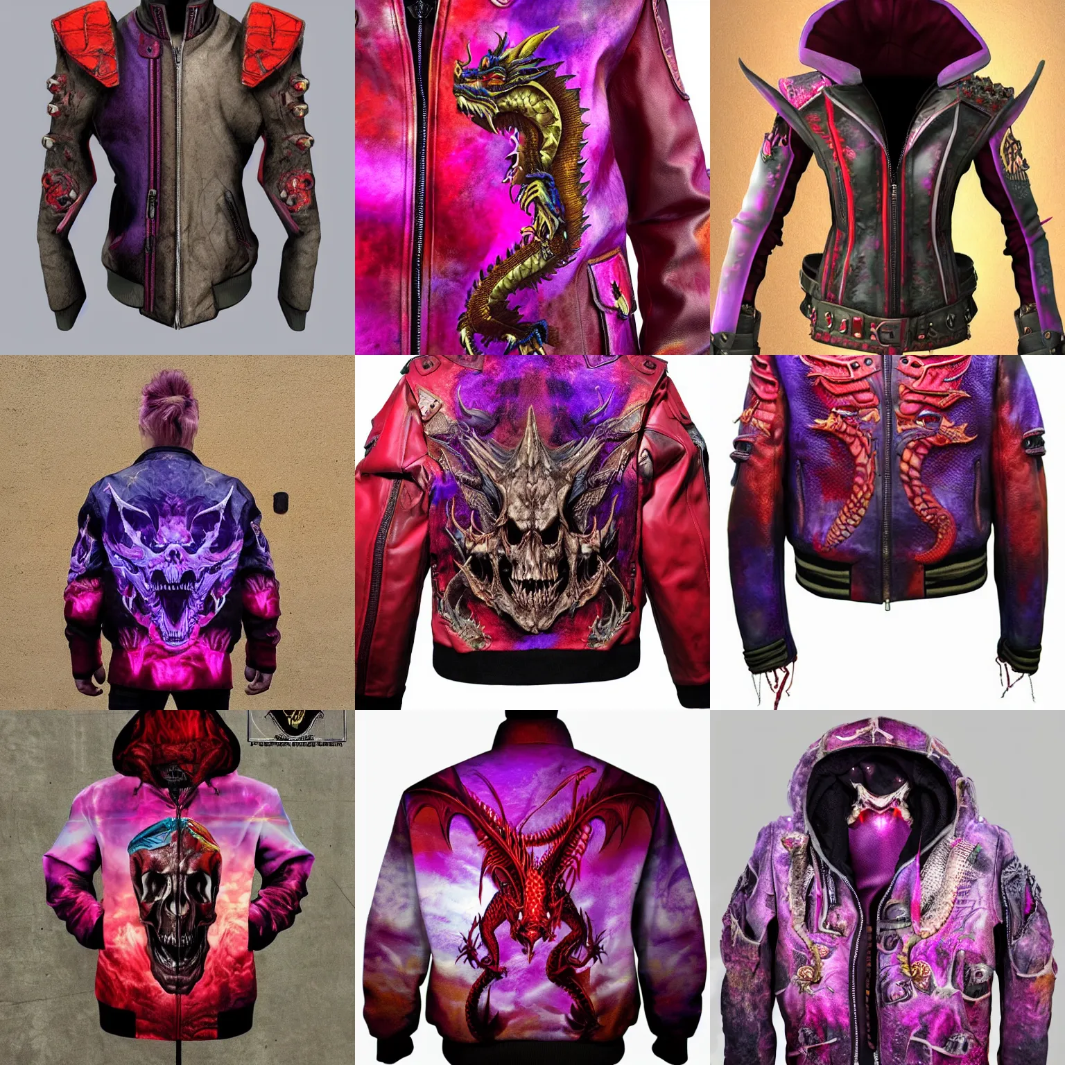 Prompt: Jacket:3 x2 of dragon skull, red and purple color palette, high detailed, realistic lighting, backlit beauty