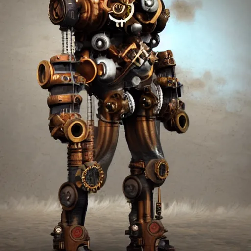 Prompt: a steampunk mech - suit designed for under water exploration, thrusters, turrets, finely detailed, 3 d render, unity, plain background, cinematic lighting, copper, pipes, gears, metal, rusty, work lights, wires,