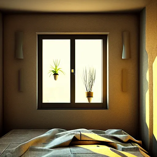 Prompt: a room with a blue bed in the corner, with a window next to the bed, plants in the window, sunlight coming through the window, wooden walls and a lava lamp, light reflections, professional photo, artstation trend, hdr