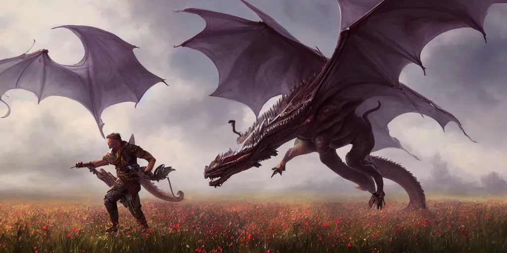 Prompt: male fighter ridding a dragon in a field of flowers, superwide angle, D&D, fantasy, intricate, cinematic lighting, highly detailed, digital painting, artstation, concept art, smooth, sharp focus, illustration, art by Greg Rutkowski