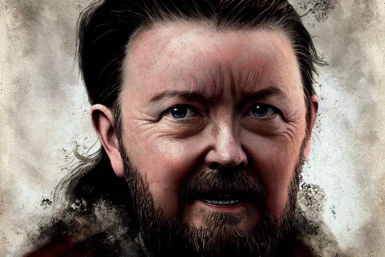 Image similar to closeup portrait of a ricky gervais as a wizard, harry potter, dramatic light, gorgeous view, depth, high detail, digital art, painted by greg rutkowski and seb mckinnon, by jk rowling, trending on artstation