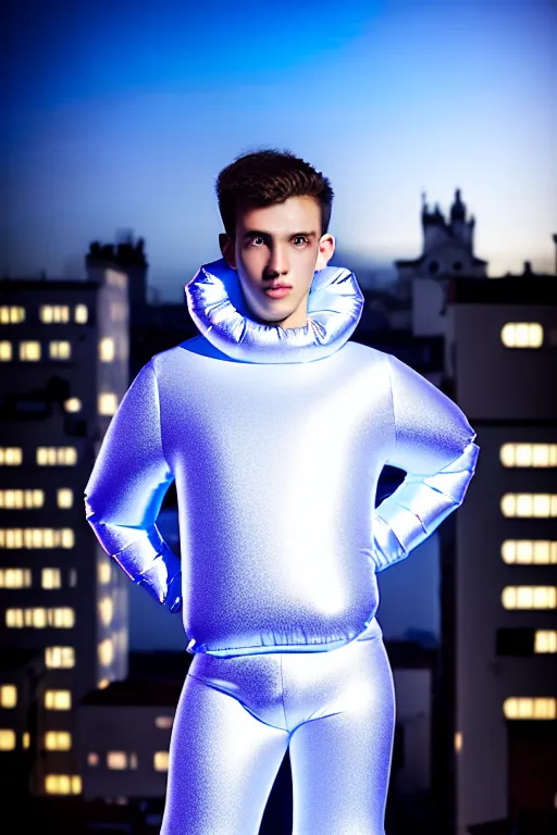 Image similar to un ultra high definition studio quality photographic art portrait of a young man standing on the rooftop of a british apartment building wearing soft baggy inflatable padded silver iridescent pearlescent clothing. three point light. extremely detailed. golden ratio, ray tracing, volumetric light, shallow depth of field. set dressed.