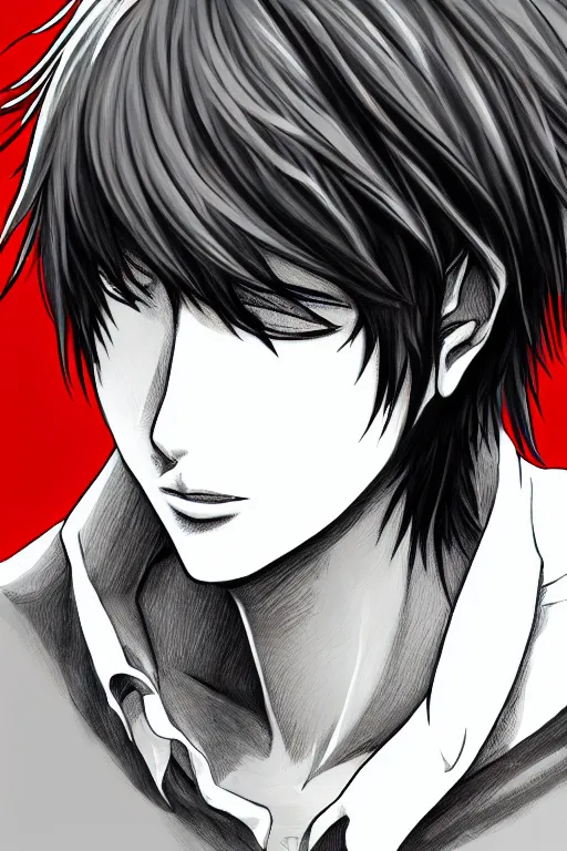 Image similar to light yagami, highly detailed, digital art, sharp focus, trending on art station, red eyes, death note, anime art style