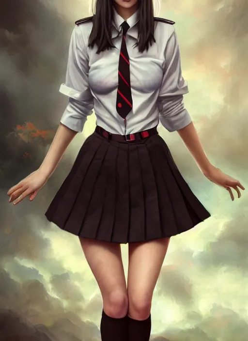 Image similar to a beautiful woman with school uniform, seifuku, pleated miniskirt, overknee socks, adriana lima, painted by artgerm and tom bagshaw, fantasy art, dramatic lighting, highly detailed oil painting, volumetric lighting