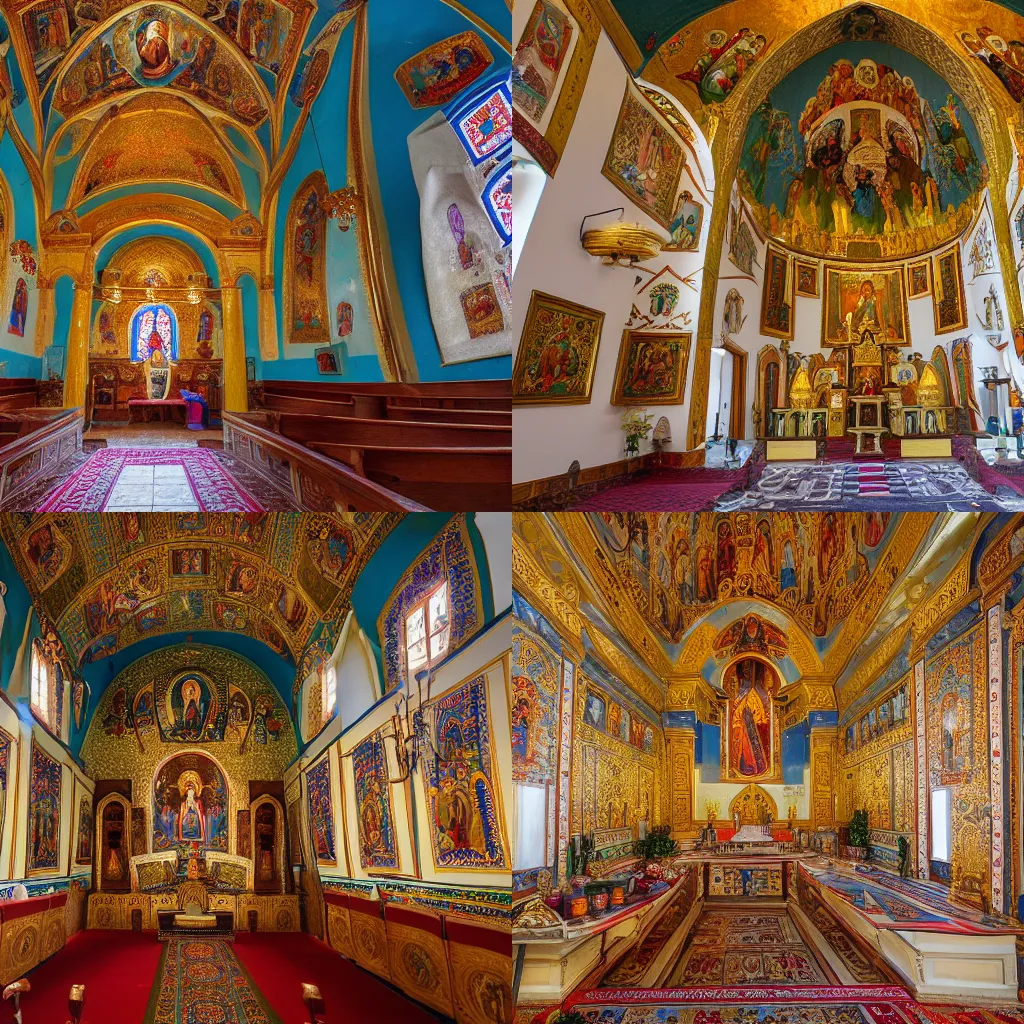 Prompt: landscape photo of orthodox church interiors with walls painted in khokhloma style, wide angle, 8k resolution, detailed