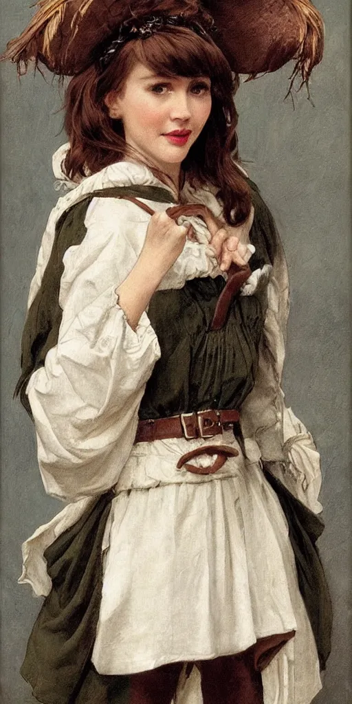 Prompt: a beautiful woman, beauty, high cheek bones, half onesided smile, mischievous, bard, brown hair, messy hairstyle, short hair, cream colored peasant shirt, brown pants, leather boots, dark green cloak, round hood, elf ears, youthful, white background, proportionate, by j.c. leyendecker, single face, trending on artstation, realistic, highly detailed, masterpiece