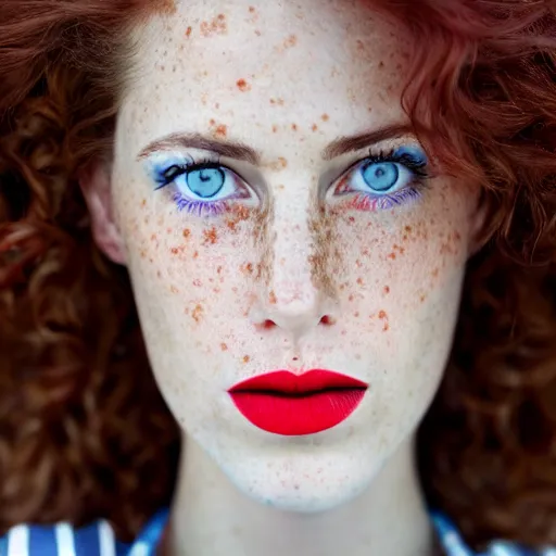 Image similar to close up photo of the left side of the face of a woman with blue eyes and wavy long red-brown hair, red detailed lips and freckles who looks directly at the camera. Slightly open mouth. Whole head visible and covers half of the frame, with a park visible in the background. 135mm nikon. Intricate. Very detailed 8k. Sharp. Cinematic post-processing. Unreal engine. Nanite. Ray tracing. Parallax. Tessellation