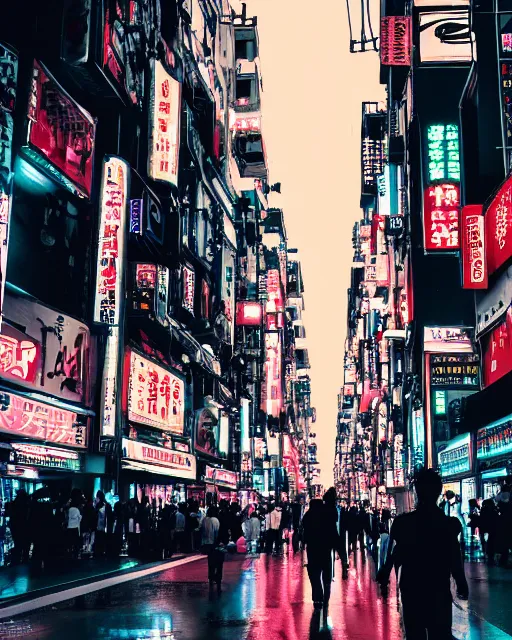 Prompt: futuristic tokyo crowded night street with neon signs by giorgio vasari, the animatrix, atmospheric, cinematic composition, 8 k, cyberpunk lighting, blade runner