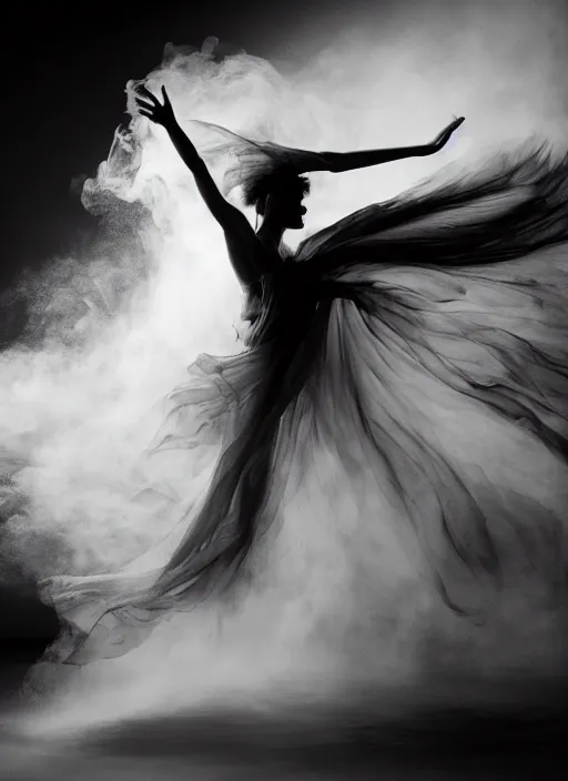 Image similar to a Photorealistic dramatic hyperrealistic render of a glamorous beautiful Female smoke dancer by Ken Brower and Deborah Ory of NYC Dance project,Lois Greenfield,Flowing cloth and smoke,Beautiful dynamic dramatic dark moody lighting,volumetric,shadows,cinematic atmosphere,Octane render,8K