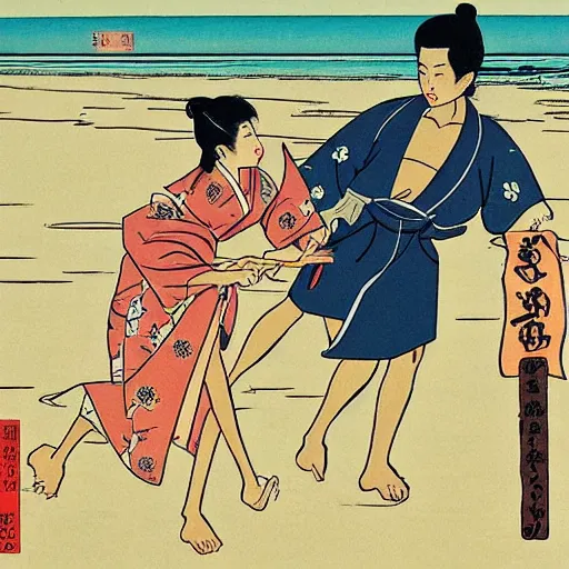 Prompt: Beautiful Japanese woman running from an old samurai on the beach Toshio Saeki, high detailed