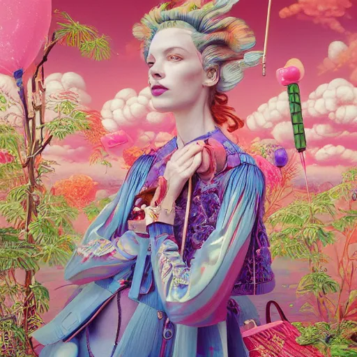 Prompt: pretty model with clouds and candy : : by martine johanna and simon stalenhag and chie yoshii and casey weldon and wlop : : ornate, dynamic, particulate, rich colors, intricate, elegant, highly detailed, vogue, harper's bazaar art, fashion magazine, smooth, sharp focus, 8 k, octane render