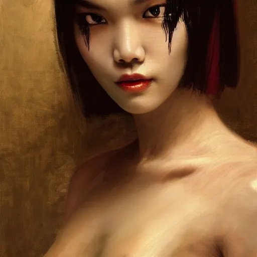 Prompt: detailed cinematic wide shot of beautiful attractive tao okamoto asian vampire woman wearing black bath robe slim face symettrical face clean skin black eyes black robe smooth, sharp focus, ultra realistic, spring light, painting by gaston bussiere, craig mullins, j. c. leyendecker