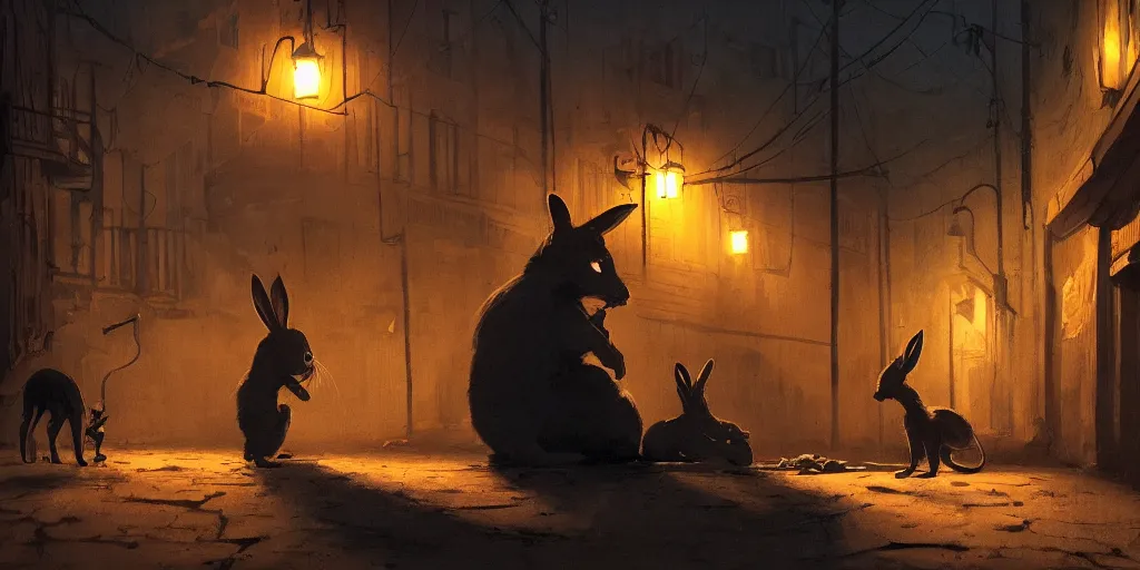 Image similar to a slender rabbit is talking with a big cat in a dark alley, warm color palette, pov, night time, dramatic lighting, noir film, fine details, high contrast, blacksad, kim jung gi, greg rutkowski, trending on artstation, 8 k, ultra wide angle