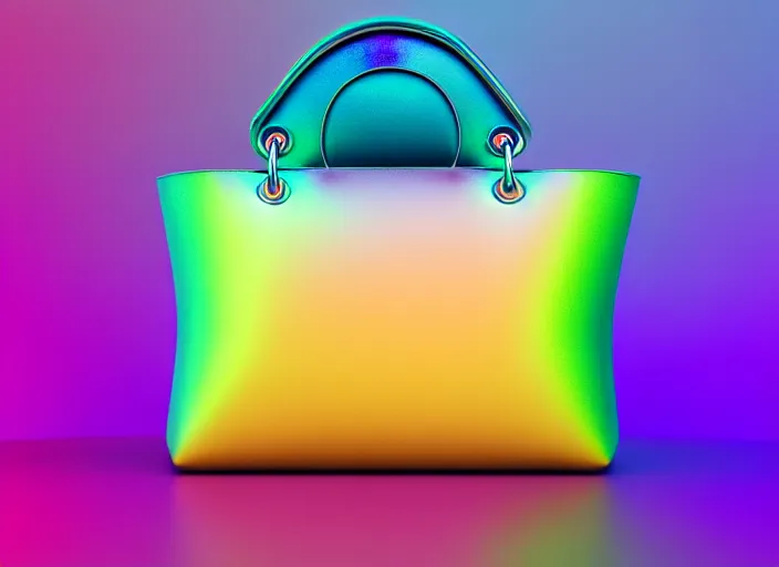 Prompt: futuristic iridiscent bag, fashion design by dior, xf iq 4, 1 5 0 mp, 5 0 mm, iso 2 0 0, 1 / 1 6 0 s, natural light, octane render, adobe lightroom, rule of thirds, symmetrical balance, depth layering, polarizing filter, sense of depth, ai enhanced