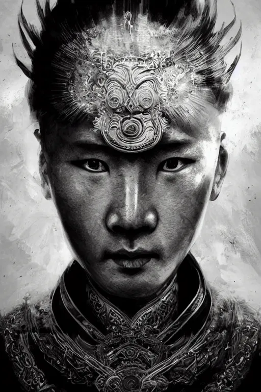 Image similar to chinese god, portrait, fierce, intricate, elegant, black and white volumetric lighting, scenery, digital painting, highly detailed, artstation, sharp focus, illustration, concept art, ruan jia, steve mccurry