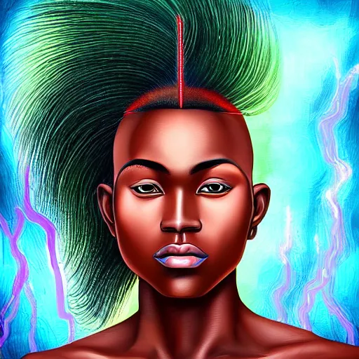 Image similar to “sango God of thunder plaited hair cowry nigeria lightning facial details proportionate dark skinned symmetrical digital art oil painting”