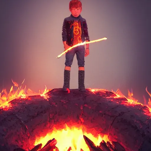 Image similar to 80's heavy metal kid standing in a fire ring, illustration, artgerm, octane render, inspired by Greg rutkowski, colorful, studio lighting, full body,