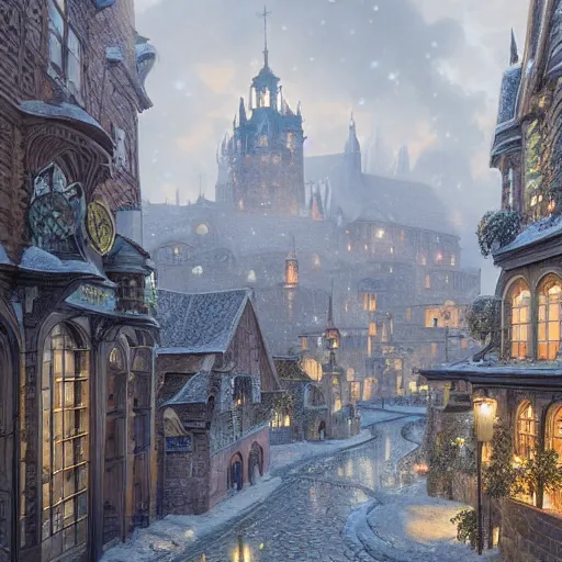 Prompt: an ultra detailed matte painting of the quaint capital city of galic, grid shaped city cobblestone streets, fantasy city, light snowfall, wind, inspiring renaissance architecture, ultrawide lense, aerial photography, unreal engine, exquisite detail, 8 k, art by greg rutkowski and alphonse mucha