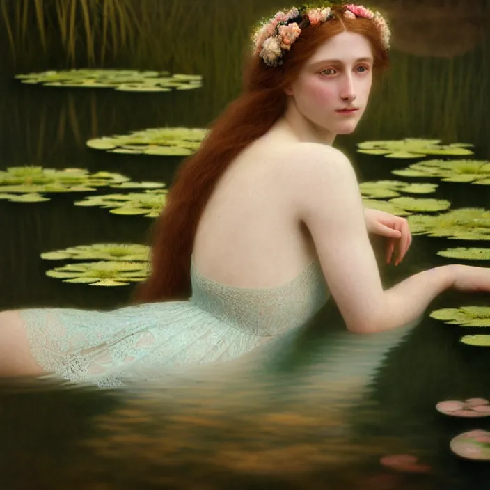 Image similar to Kodak Portra 400, 8K, soft light, volumetric lighting, highly detailed, britt marling style 3/4 ,portrait photo of a beautiful woman how pre-Raphaelites painter, the face emerges from the water of a pond with water lilies, inspired by Julie Dillon , a beautiful lace dress and hair are intricate with highly detailed realistic beautiful flowers , Realistic, Refined, Highly Detailed, natural outdoor soft pastel lighting colors scheme, outdoor fine art photography, Hyper realistic, photo realistic