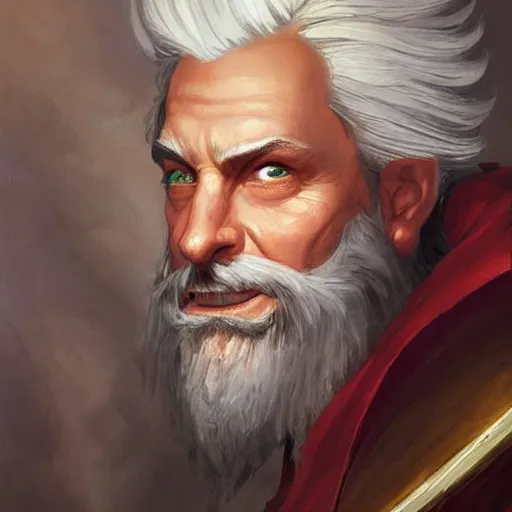 Image similar to beautiful portrait painting of a very short and small male halfing bard with white hair, full beard, from pathfinder, evil smirk, narcissist, self centered, casting fireball, painted by larry elmore, wayne reynolds, greg rutkowski, magic the gathering, dungeons and dragons, dishonored 2