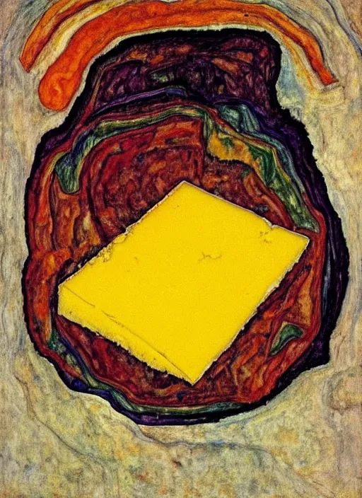 Image similar to rainbow piece of cheese, egon schiele