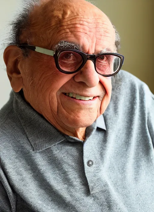Prompt: DSLR photo portrait still of 85 year old age 85 Danny Devito at age 85!!!, 85mm f1.8