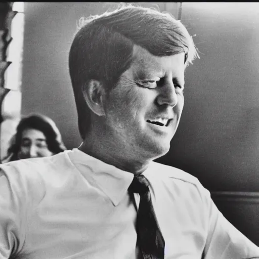 Prompt: 1 9 7 0 s vintage photograph of kennedy using an ipad, very detailed, very intricate,