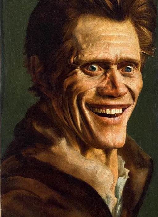 Prompt: portrait painting of willem dafoe with stubble smiling warmly, renaissance oil painting, chiaroscuro