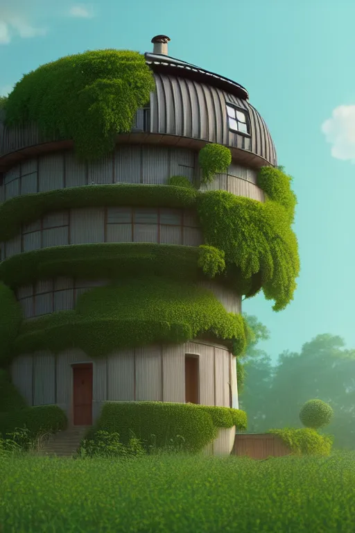 Image similar to cylindrical house, solarpunk, studio ghibli, jean - baptiste monge, octane render, 4 k