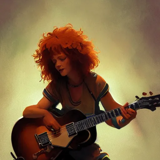 Image similar to a ginger hardrocker cat playing electric guitar, cinematic lighting, highly detailed, digital painting, artstation, concept art, smooth, sharp focus, illustration, art by Terry Moore and Greg Rutkowski and Alphonse Mucha