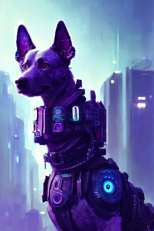 Image similar to a beautiful portrait of a cute cyberpunk dog by greg rutkowski and wlop, purple blue color scheme, high key lighting, volumetric light, digital art, highly detailed, fine detail, intricate, ornate, complex, octane render, unreal engine, photorealistic