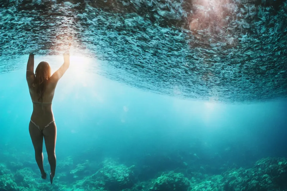 Image similar to wide angle view, underwater looking up, woman model swimming in large tall rock trench , toward the sun rays and caustics, film , cinematic, underwater photography