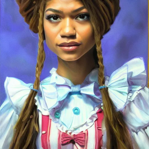 Image similar to zendaya as Alice in wonderland, oil painting, high detail,