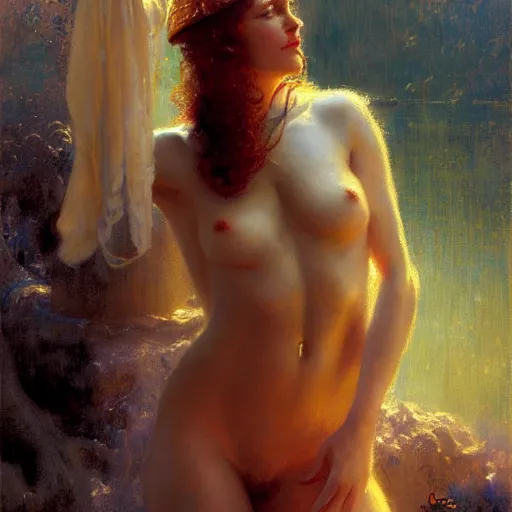 Prompt: stunning female wizard bathing, highly detailed painting by gaston bussiere, craig mullins, j. c. leyendecker, 8 k